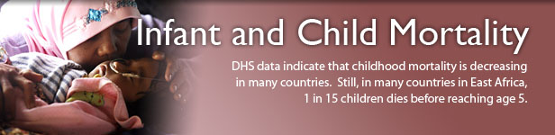 Infant and Child Mortality. DHS data indicate that childhood mortality is decreasing in many countries.  Still, in many countries in East Africa, 1 in 15 children dies before reaching age 5. (Photo credit: © 2009 Arie Basuki, Courtesy of Photoshare)